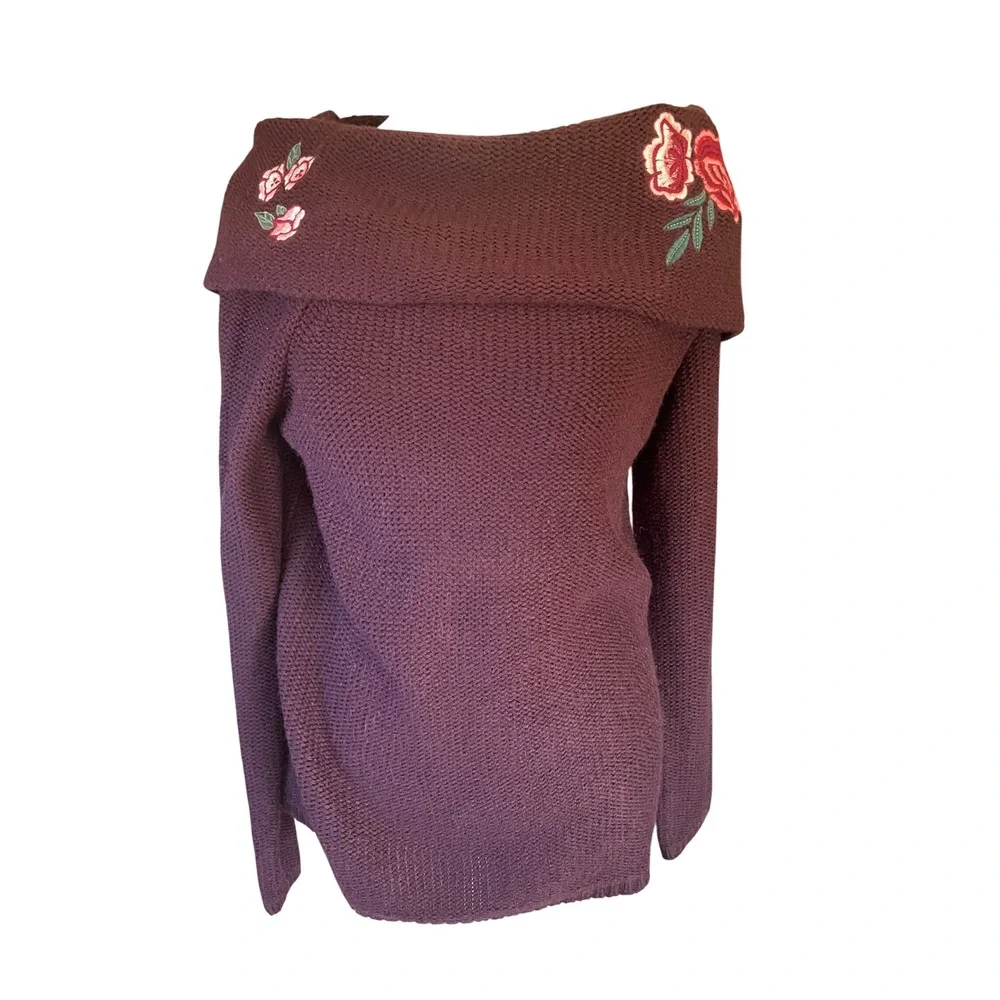 Womens Boho Cottage Floral‎ Applique Sweater Large Burgundy Shabby Romantic Chic